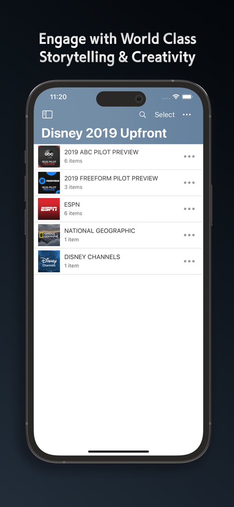 Disney Advertising Sales app screen displaying upfront materials for ABC, ESPN, and National Geographic