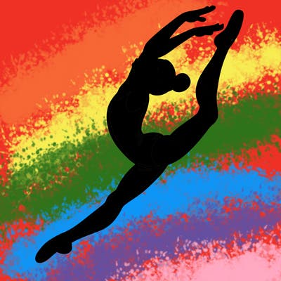 gymnast doing a leap in a leotard with a bent back leg