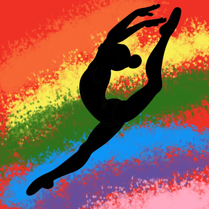 gymnast doing a leap in a leotard with a bent back leg