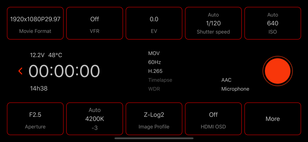 Interface profissional de gravação de vídeo no App Z Camera mostrando configurações manuais para ISO, velocidade do obturador e abertura
