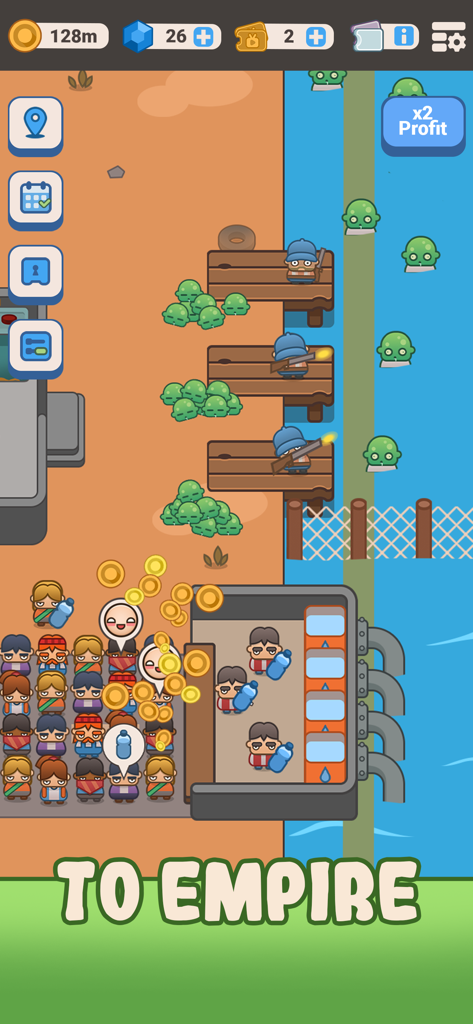 Idle Outpost Zombie Apocalypse - 종말 이후 방치형 타이쿤 게임에서 생존자들이 자원을 거래하는 동안 경비병들이 녹색 좀비들에게 총을 쏘는 모습.