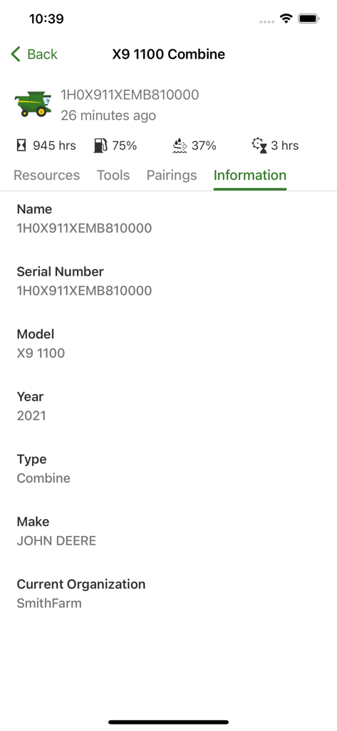 Tela do aplicativo Equipamento Móvel John Deere mostrando informações detalhadas da máquina para uma Colheitadeira X9 1100 incluindo número de série e ano do modelo