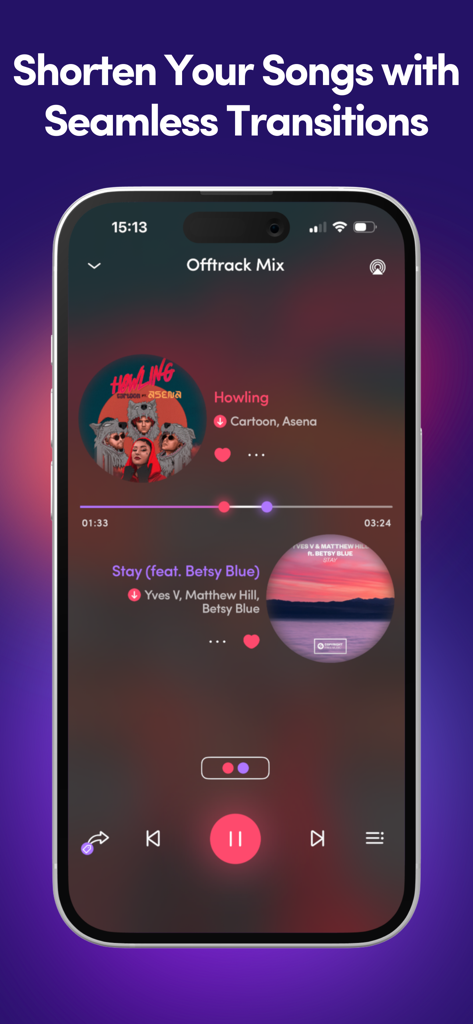 Offtrack app interface showing AI music transitions between songs on a smartphone