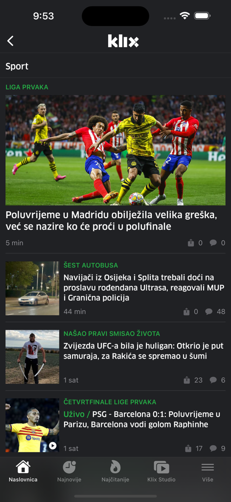 Interfaz de noticias deportivas de la aplicación móvil Klix.ba mostrando artículos de fútbol y artes marciales en idioma bosnio.