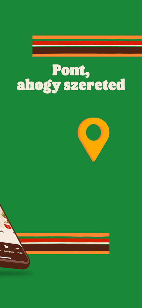 Burger King Ungarn App-Bildschirm mit Standortsymbol und Slogan.