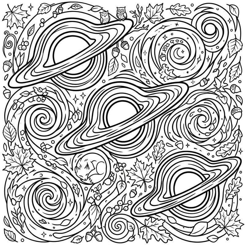 Journey into a whimsical blend of cosmic wonder and autumnal charm with this unique coloring page. Featuring abstract black hole patterns intertwined with crisp fall leaves, acorns, and adorable woodland creatures, it promises a truly captivating coloring adventure.