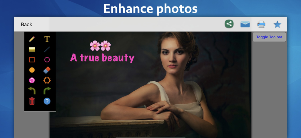 Photo Markup - Draw & Annotate - Photo Markup app interface showing a portrait photo enhanced with text and emoji icons
