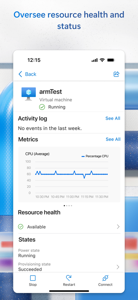 Microsoft Azure - Microsoft Azure app interface displaying resource health and CPU metrics for a virtual machine