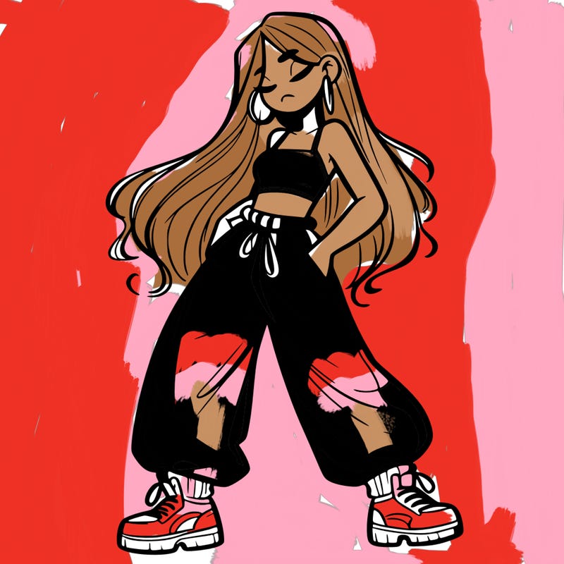 girl in baggy pants crop top and long hair