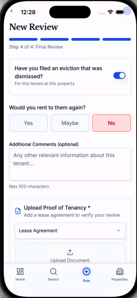 TenantTrust for Landlords - The final step of a tenant review in the TenantTrust app showing an eviction history toggle, a recommendation selection, and a lease document upload section.