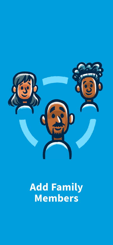 Docket® - Immunization Records - Mobile app screen with cartoon avatars for adding family members to immunization records