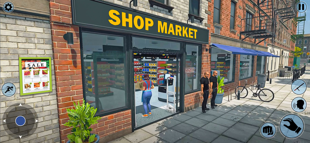 Fun Supermarket Simulator Game - Vista exterior del edificio de la Tienda Market con un personaje entrando y guardias de seguridad afuera en un juego simulador de supermercado