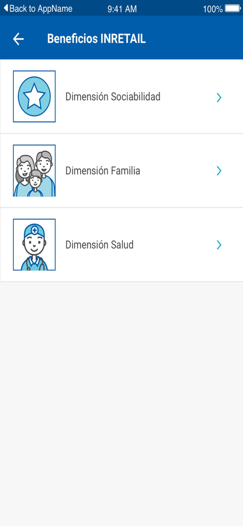 Tela do app InRetail mostrando três categorias de benefícios corporativos: dimensões Social, Família e Saúde.