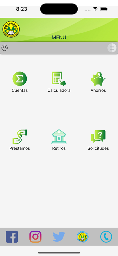 Menu principal do aplicativo Coopnama com ícones para contas, empréstimos e economias