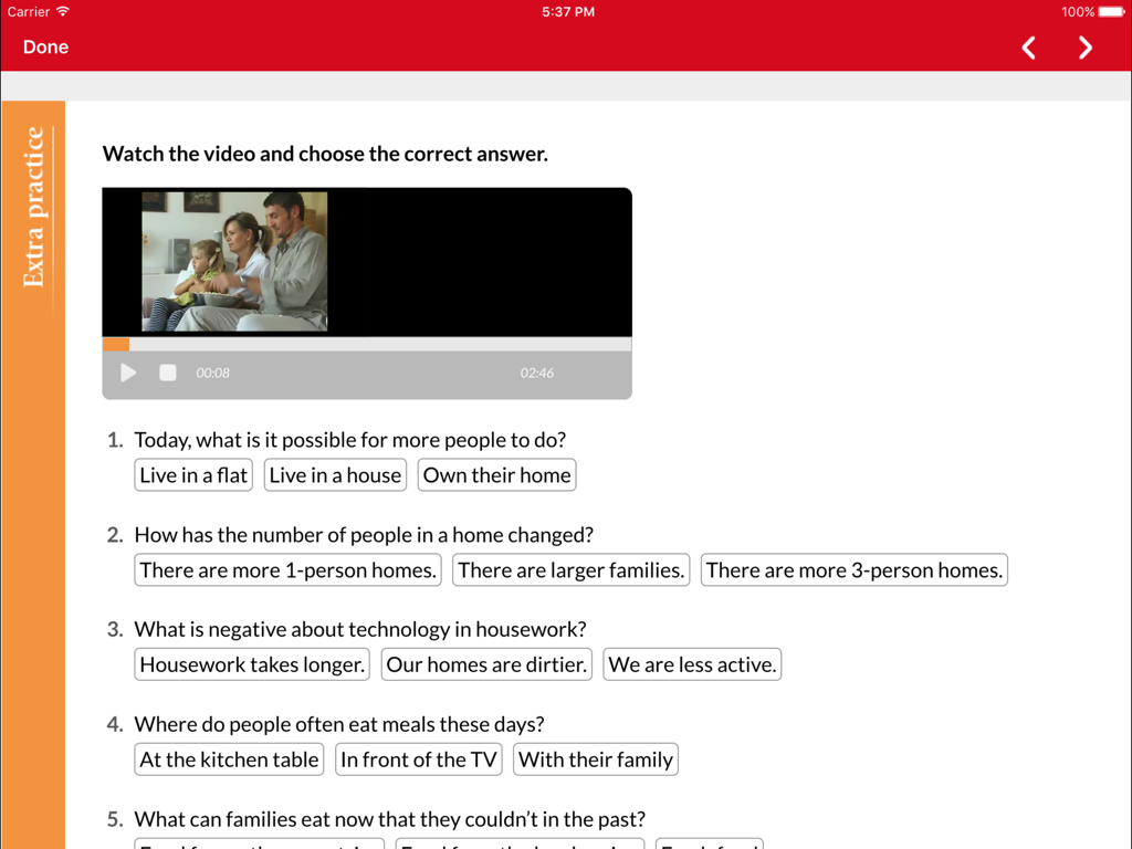 MEE2 - Mac Ed Everywhere - Interface of MEE2 app showing an interactive video lesson and multiple choice quiz