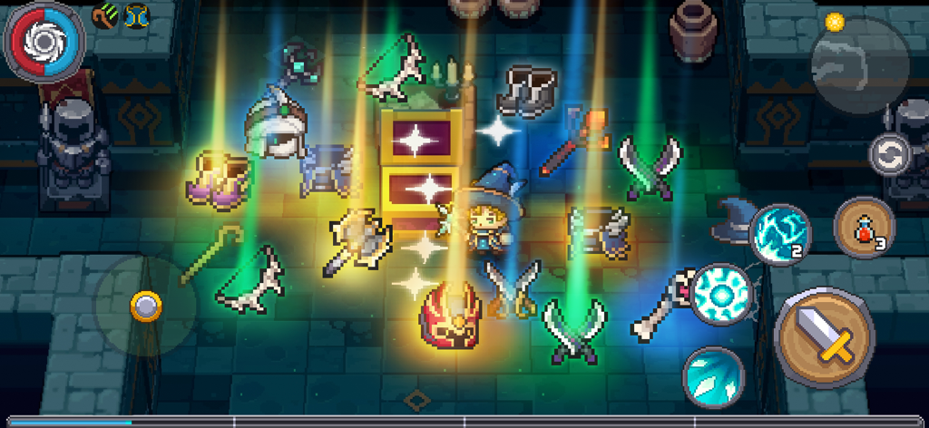 Soul Knight Prequel - Un personaje de arte de píxeles rodeado de coloridos objetos de botín brillantes de un cofre del tesoro en Soul Knight Prequel.