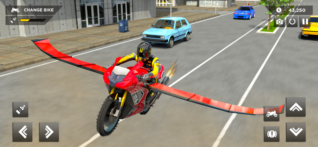 Flying Bike – Fly Motorbike 3D - A red sports bike with large wings extended flying through a city street.