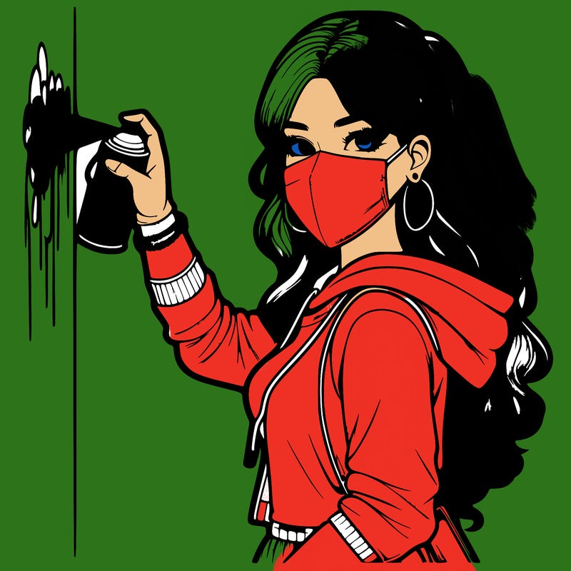 realistic girl with mask spray painting a wall