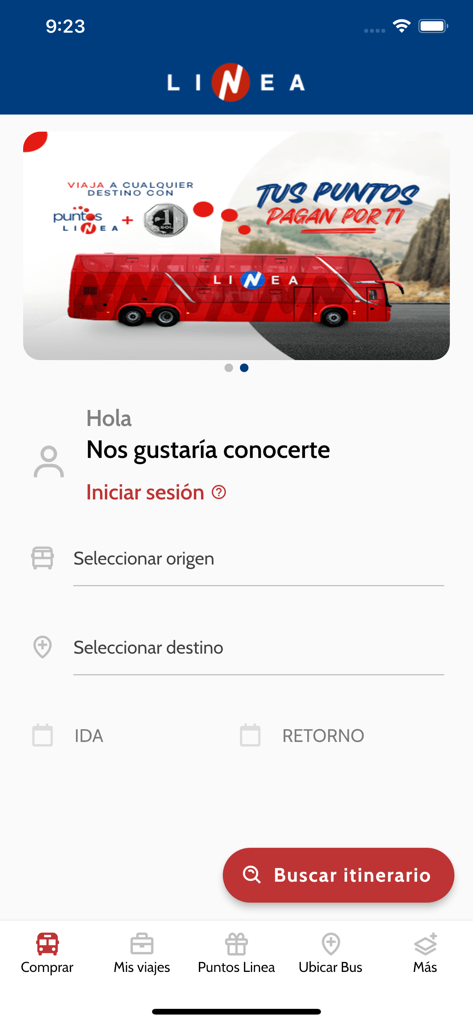 The home screen of the Linea app for booking bus tickets in Peru featuring a search interface and loyalty points banner