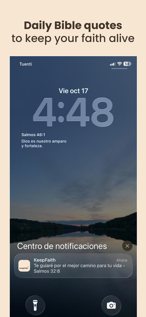 KeepFaith - Daily Bible verses - iPhone lock screen showing a Bible verse widget and a scripture notification from the KeepFaith app