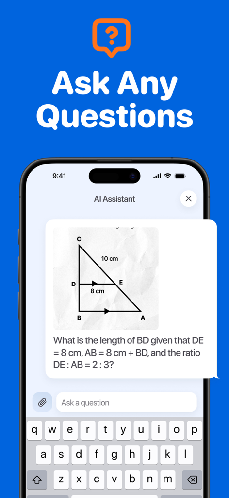 Homework Helper AI Solverインターフェイスに、画像スキャンを介して尋ねられた幾何学の数学の問題が表示されています。