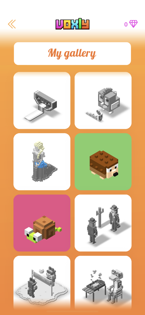 Benutzergalerie in der Voxly-App, die verschiedene 3D-Voxel-Modelle zum Ausmalen anzeigt