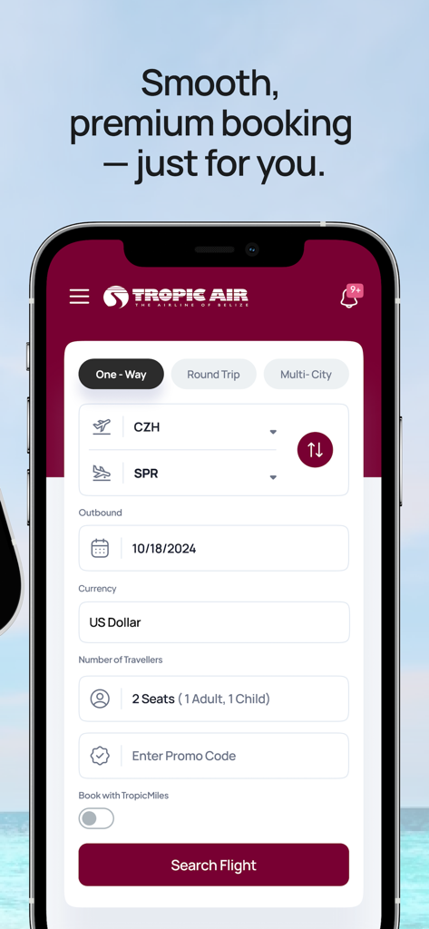 Interface de pesquisa de voos da app móvel Tropic Air mostrando opções para viagens só de ida em Belize