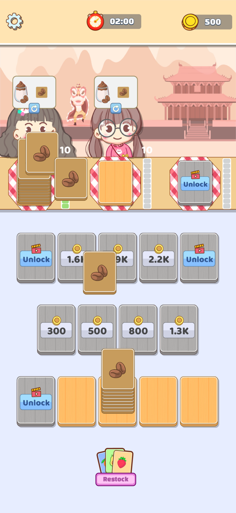 Pocket Tea Sort - Foodie Stop - かわいいスタイルのモバイルゲームインターフェース、コーヒー豆カードが仕分けられ、バブルティーショップのテーマでかわいい顧客に提供されています。