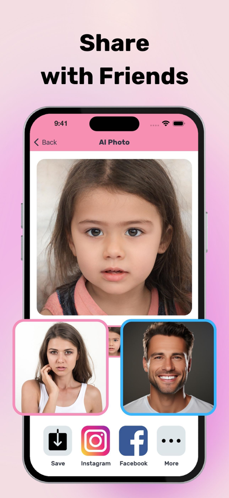 AI Baby Generator Face Maker. - Tela do gerador de rosto de bebê por IA mostrando resultados com opções de compartilhamento para Instagram e Facebook