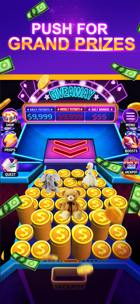 Cash Pusher:Lucky Coin Casino - Una máquina virtual de empujar monedas llena de monedas doradas y premios de animales de peluche en la aplicación Cash Pusher Lucky Coin Casino