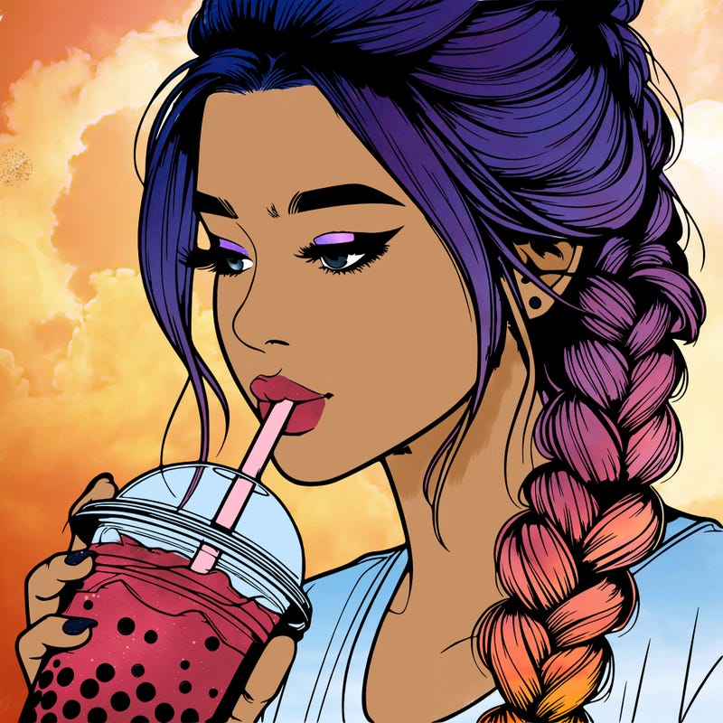 realistic girl drinking boba tea with braided hair
