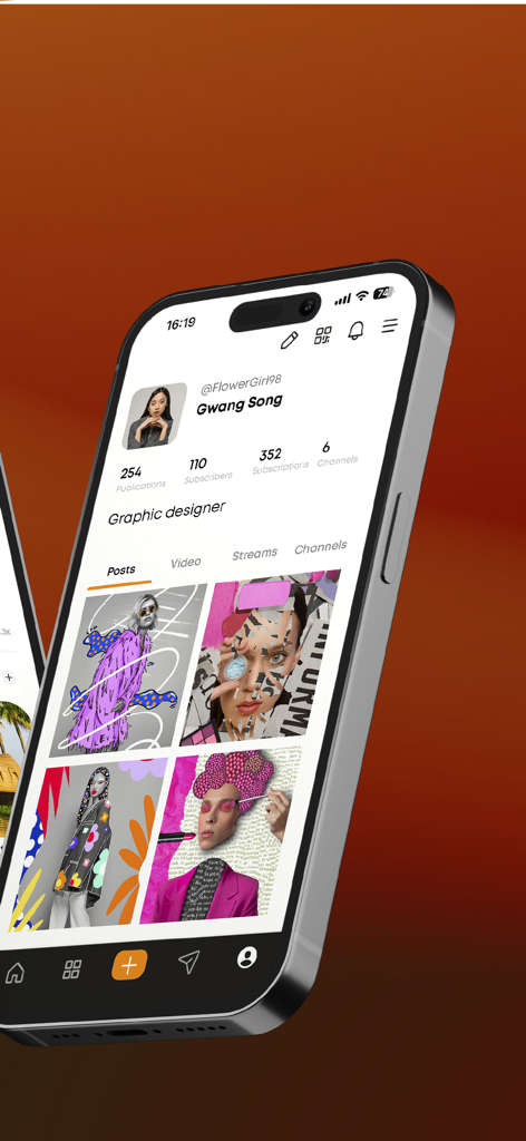 AFree - Interfaz del perfil de usuario de la red social AFree que muestra un portafolio de diseñador gráfico