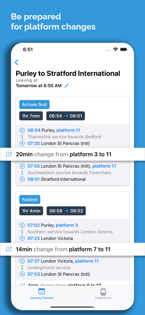 Train Times UK Journey Planner - UKの列車の乗り換え案内の画面で、パーリーからストラットフォード・インターナショナルへのルート、詳細なプラットフォーム変更情報、乗り換え時間が表示されています。