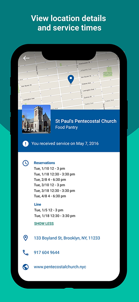 Plentiful app screen displaying service times and address for a community food pantry