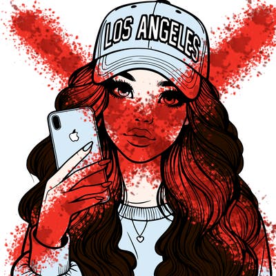 realistic beautiful girl wearing los ángeles cap holding an iphone