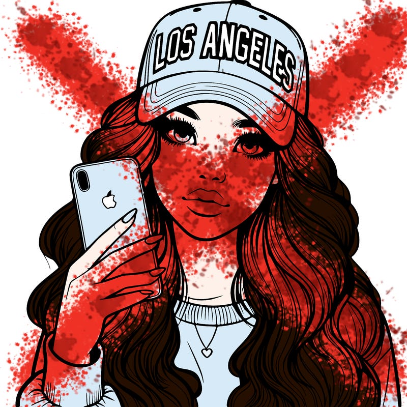 realistic beautiful girl wearing los ángeles cap holding an iphone