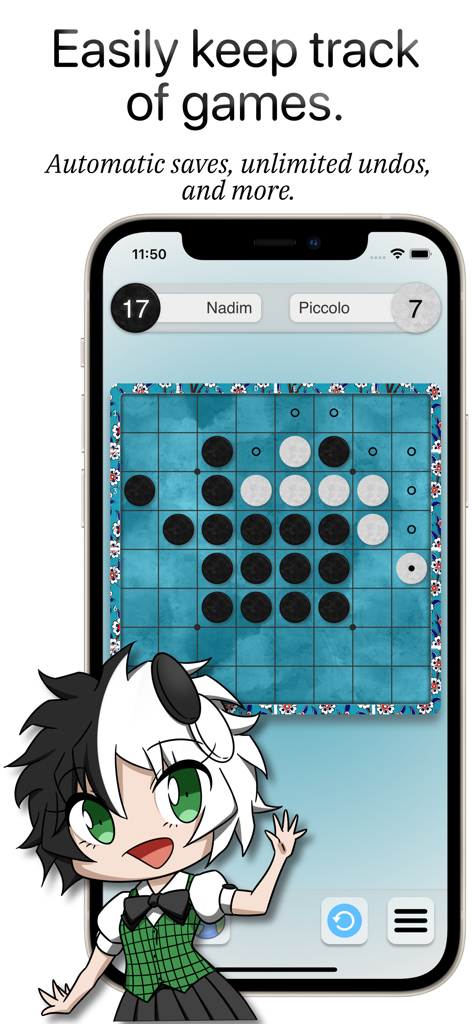 Piccolo: Othello - 스마트폰에 사용자 지정 파란색 보드 테마와 애니메이션 캐릭터 마스코트가 있는 Piccolo Othello 게임 인터페이스가 표시되어 있습니다.