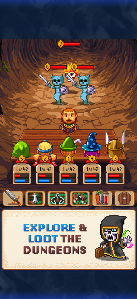 Combate por turnos con arte de píxeles en Knights of Pen and Paper 2 con un grupo de héroes de nivel 42 y un dungeon master.