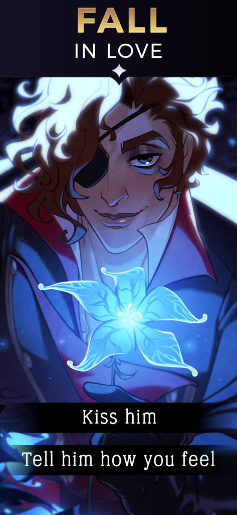 The Arcana: A Mystic Romance - Julian Devorak holding a glowing blue flower in The Arcana visual novel with romance choices