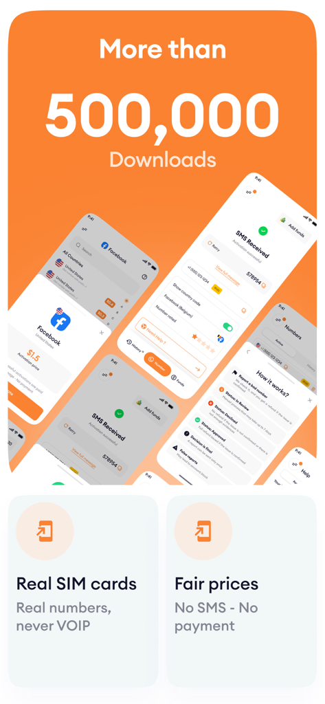Promotional graphic for Temp Number app showing over 500000 downloads and real SIM card SMS verification features