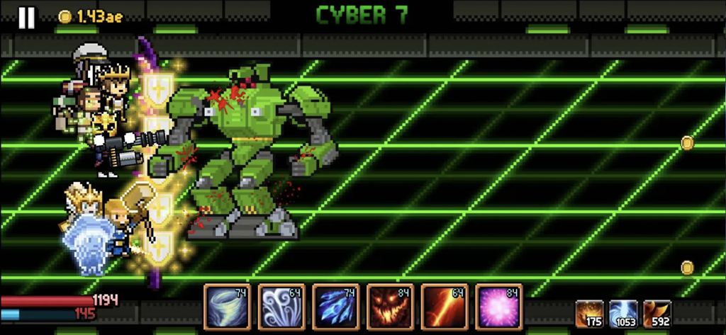Pixel art heroes fighting a giant green robot boss in a cyber themed level