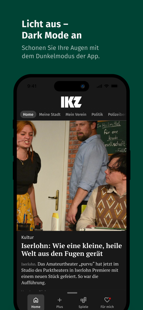 IKZ News app interface displaying local news with dark mode enabled