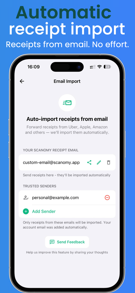A smartphone screen showing the Scanomy app interface for automatically importing digital receipts from email services like Uber and Amazon.