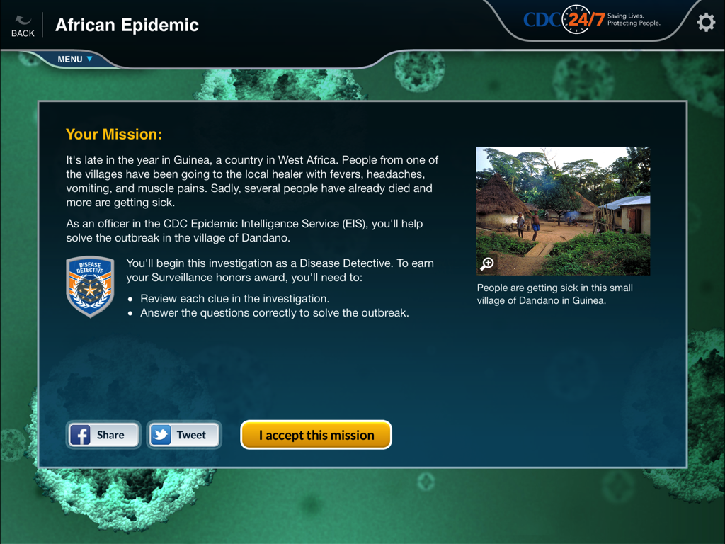Solve the Outbreak - Mission briefing screen for an African Epidemic case study in the Solve the Outbreak educational app