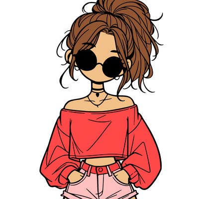 girl with a messy ponytail glasses a baggy crop top and jean shorts