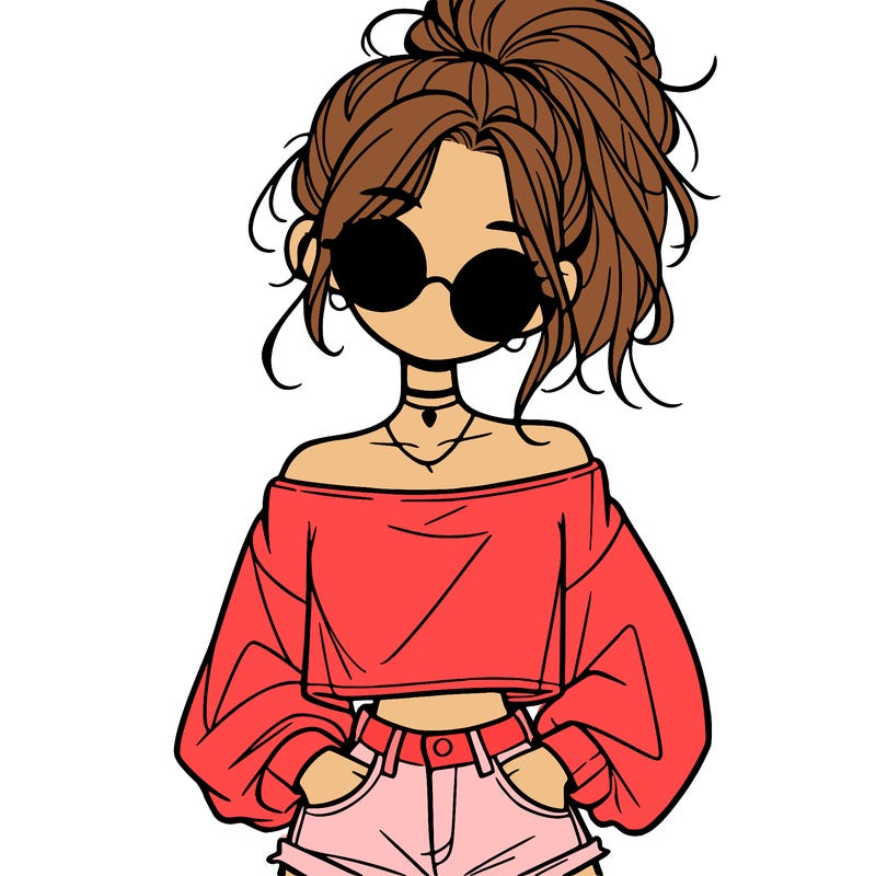 girl with a messy ponytail glasses a baggy crop top and jean shorts