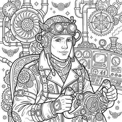 Journey into a fantastical world where aviation meets intricate machinery with this captivating Steampunk Pilot coloring page. Explore a detailed portrait surrounded by gears and gadgets, perfect for a unique coloring challenge.