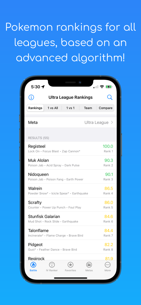 Mobile screen displaying Pokemon Go Ultra League rankings with specific movesets and competitive scores in the PVP IV app.