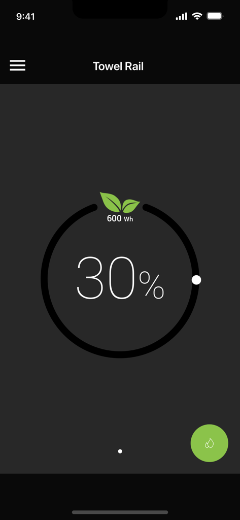 Olle Connect - Olle Connect app interface showing a towel rail heat setting at 30 percent with energy consumption data