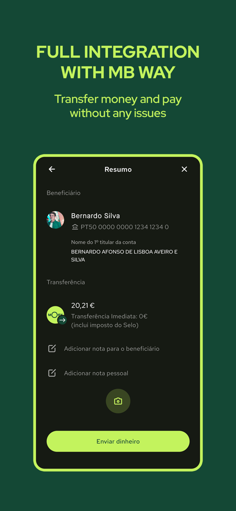 Moey - mobile Banking - Moey app interface showing a money transfer summary with MB WAY integration and send money button